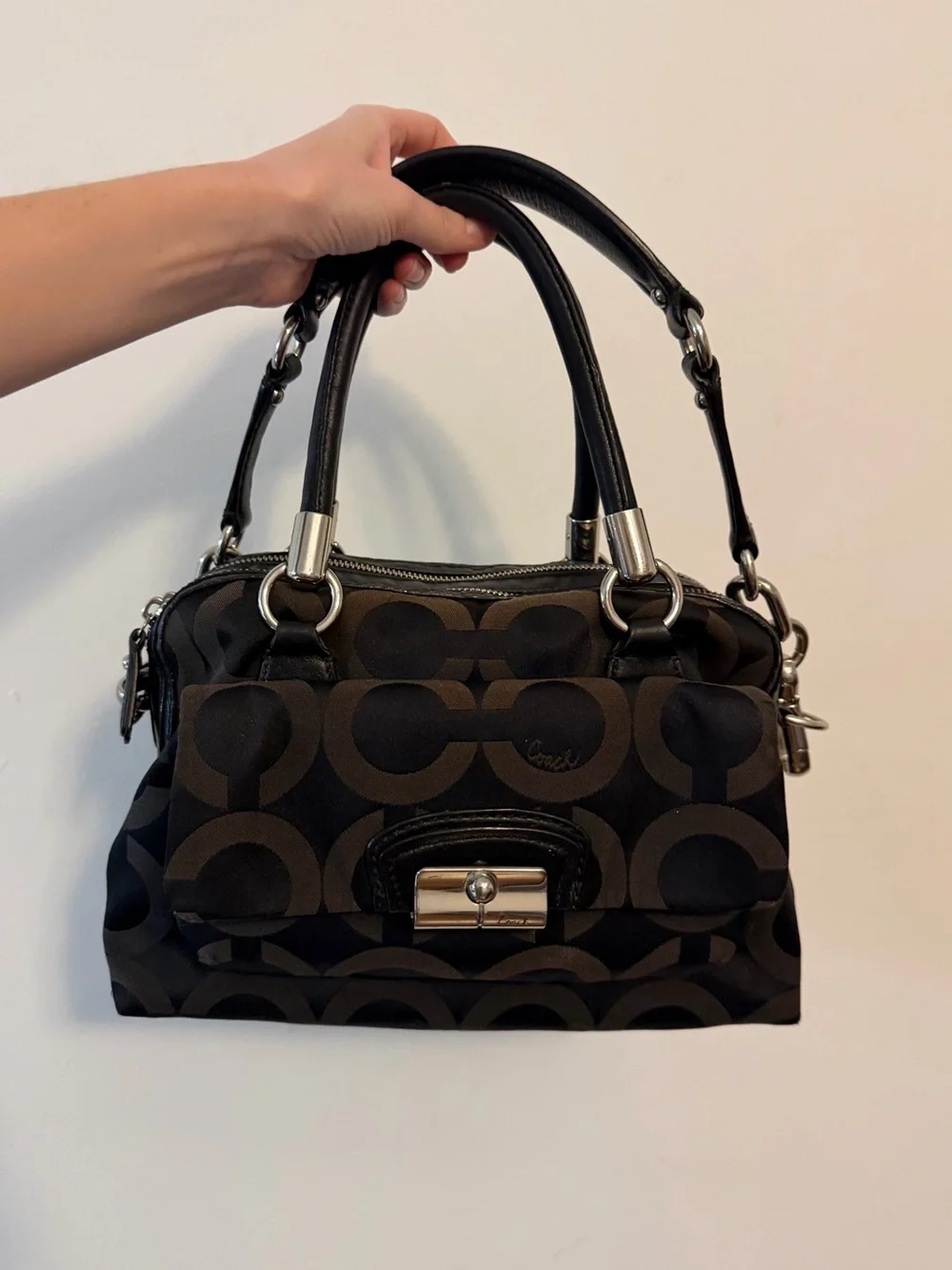 Coach Black and Brown Signature Satchel with Turn-Lock Detail